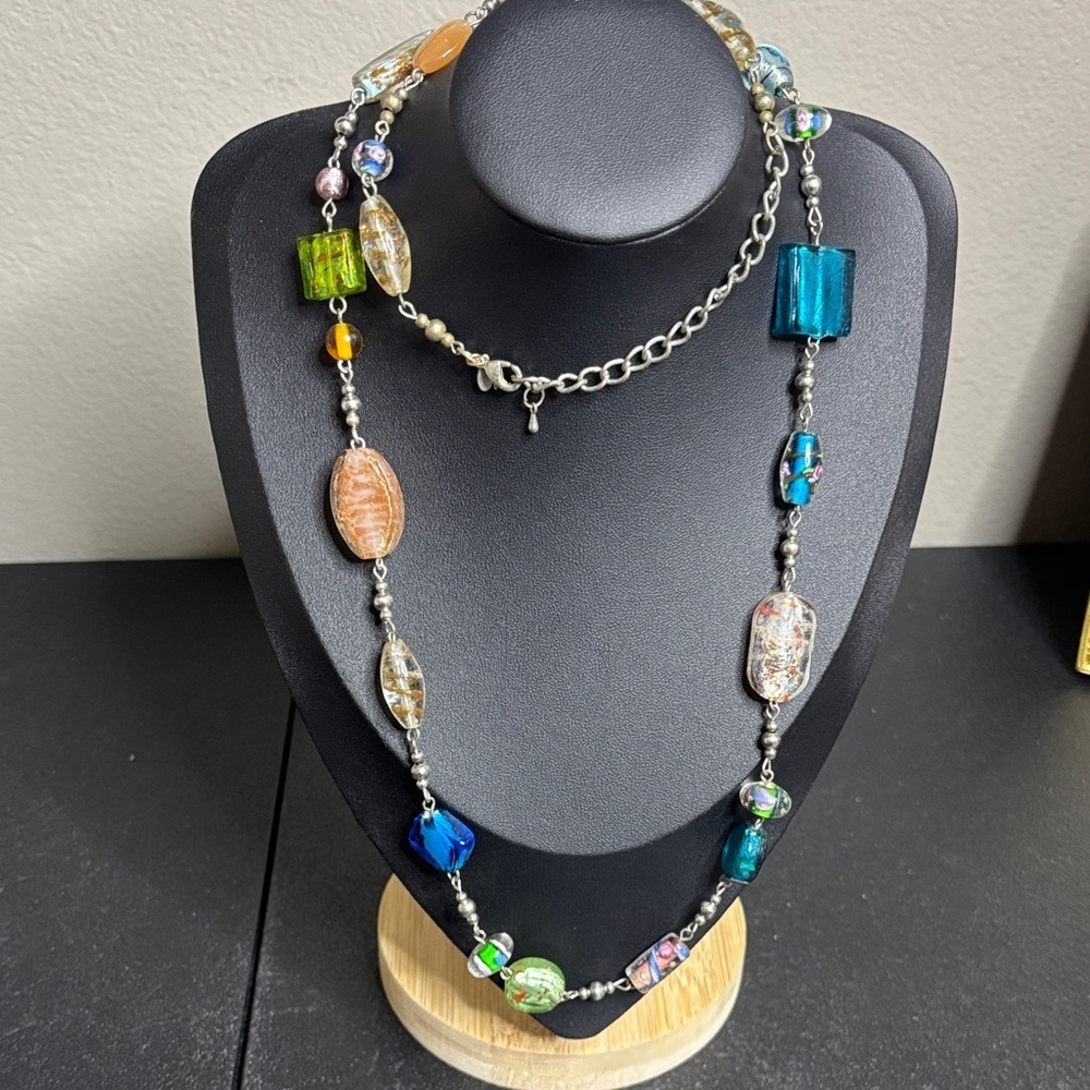 Vintage Premier Designs Signed Multi Color Glass Bead Long Necklace